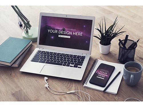 Laptop and Smartphone on Wooden Desk Mockup