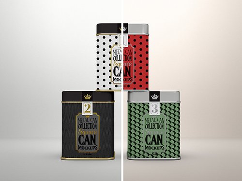Three Square Tin Cans Mockup