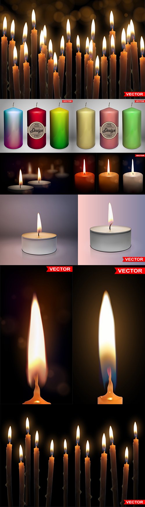 Realistic burning wax candles with flames