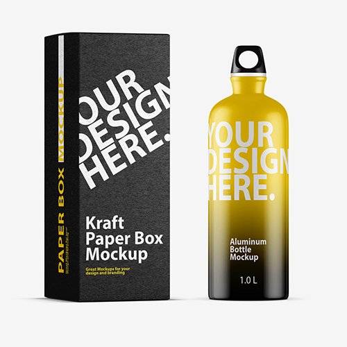 Metal Sport Bottle with Cardboard Box Mockup 1
