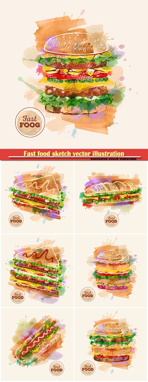 Fast food sketch vector illustration, watercolor hamburger or sandwich