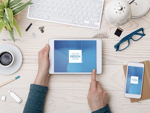 Top View Mockup of User with Devices and Desk Accessories