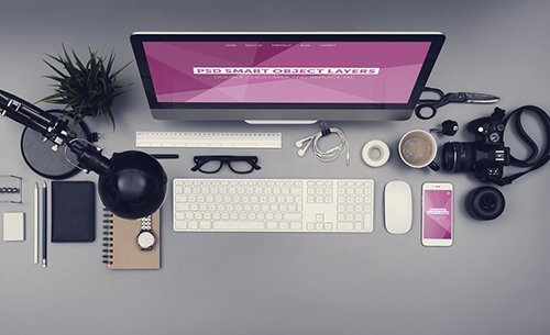Desktop Computer and Smartphone on a Gray Desk Mockup 3