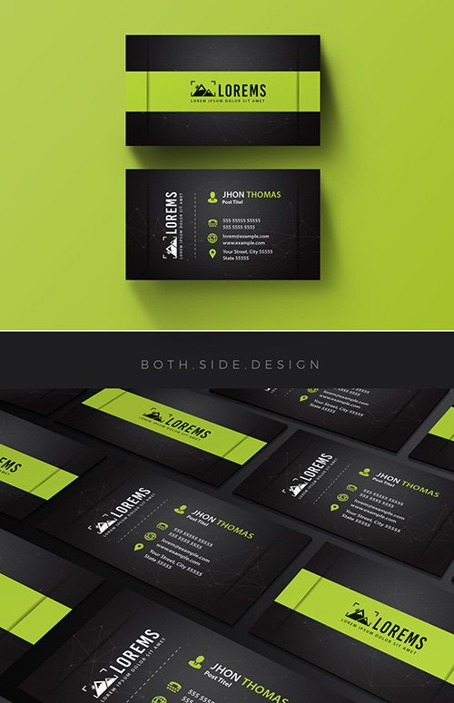 Business Card Layout with Lime Green Accents