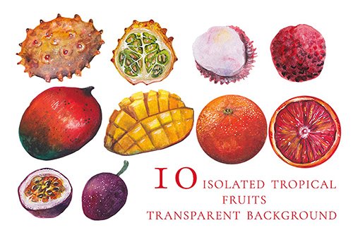 10 isolated watercolor tropical fruits