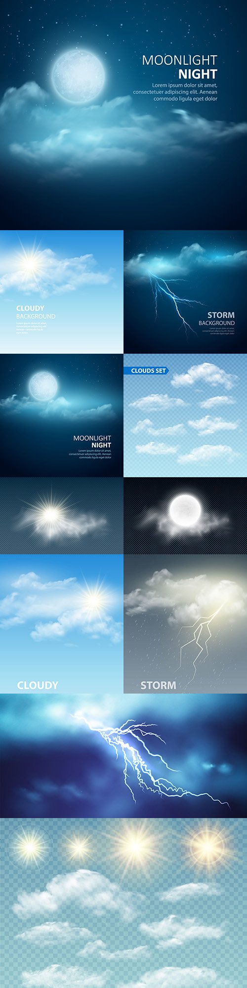 Realistic sun with clouds and night sky illustrations