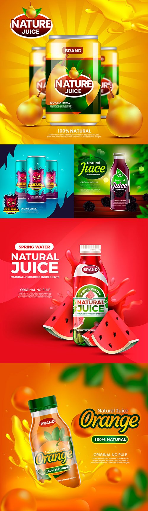 Natural fruit juice and energetic beverage illustration