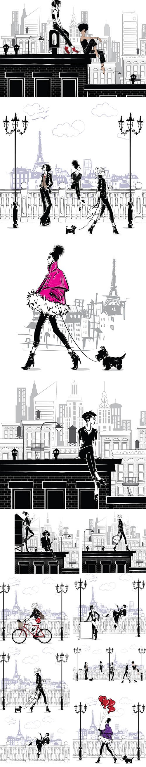 Fashion Girls in the City Sketch Illustrations