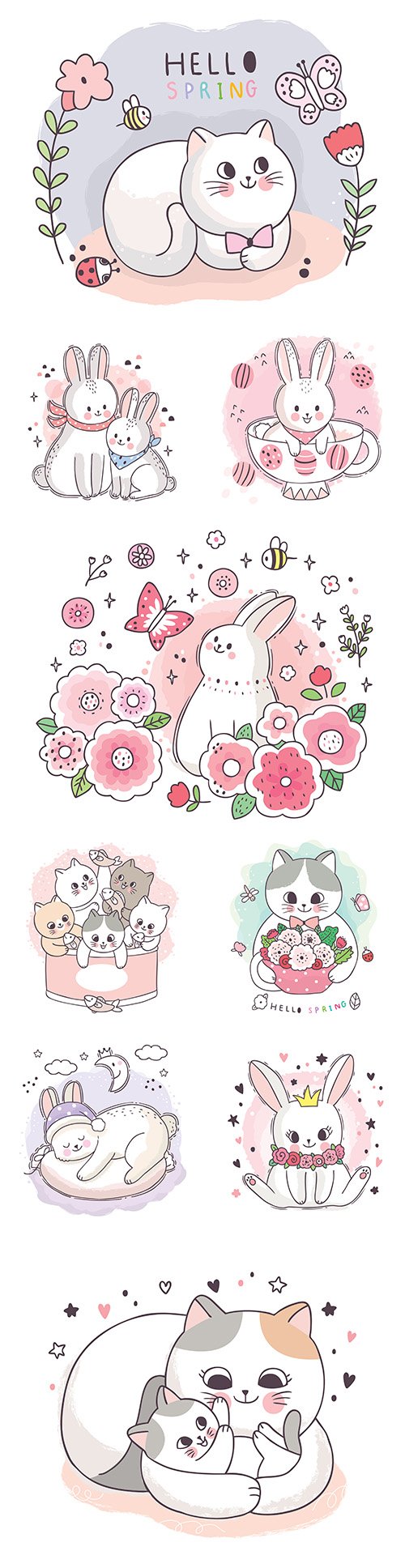 Cute kitten and Easter bunny cartoon painted illustrations