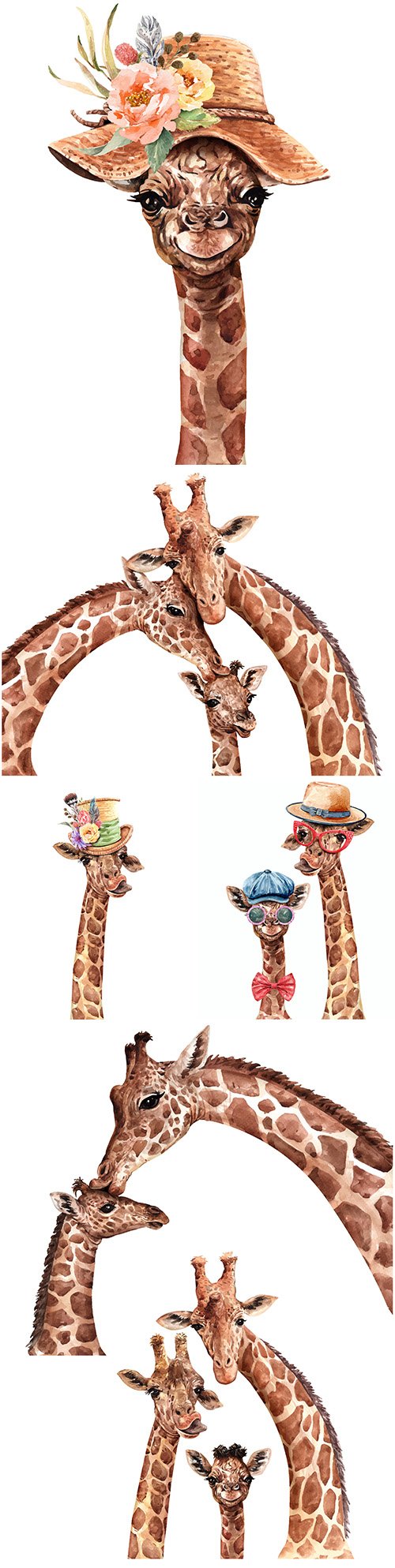 Giraffe in hat with flower and family watercolor illustration