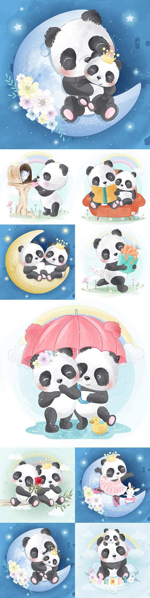 Cute panda with mom funny drawn illustrations